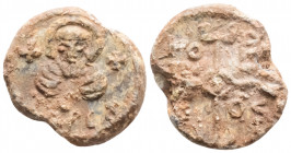 Byzantine Lead Seal ( 8th century)
Obv: Facing bust of uncertain saint.
Rev: Cruciform monogram
(8.2 g, 21.9 mm diameter)