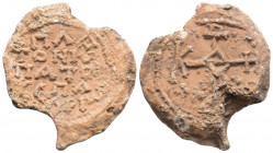 Byzantine Lead Seal ( 8th century)
Obv: Cruciform monogram
Rev: 5 (five) lines of text.
(11.5 g, 28.5 mm diameter)