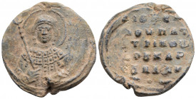 Byzantine Lead Seal ( 8th century)
Obv: Facing bust saint.
Rev: 5 (five) lines of text. Pearl border.
(14,51 gr, 30 mm diameter)