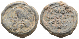 Byzantine Lead Seal (10-12 th century)
Obv: MHP - ΘV. Facing bust of the Virgin Mary, with Christ medallion on breast.
Rev: 4 (four) lines of writing
...