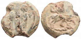 Byzantine Lead seal. ( 9th-10th centuries) 
Obv: Two saints standing, right cross
Rev: St. Theodore on horseback, advancing right, in right hand holdi...