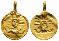 Late Roman or Byzantine. Circa 3th-6th centuries AD. 
Gold pendant (13.5mm 0.50g)
A large relief bust. Front view, bust of halo above head. Arms in th...