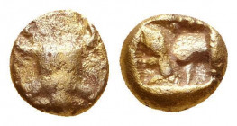 Asia Minor, uncertain mint EL 1/24 Stater. Circa 600-500 BC. Aiginetic standard. Tortoise seen from above(?) / Rough incuse square. Unpublished; cf. R...