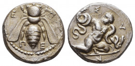 IONIA, Ephesos. Symmachy coinage. Circa 405/4 BC. AR Tridrachm . The Herakliskos Drakonopnigon: the Infant Herakles crouching right, strangling a serp...