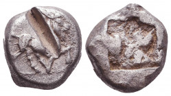 Cyclades, Paros AR Drachm. Circa 520-500 BC. Goat kneeling right, within border of dots / Incuse square. Reference: K. Sheedy, The Archaic and Early C...