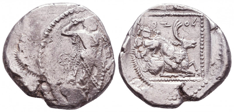 Cyprus, Kition AR Stater. Baalmelek II, circa 425-400 BC. Herakles in fighting s...