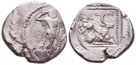 Cyprus, Kition AR Stater. Baalmelek II, circa 425-400 BC. Herakles in fighting stance to right, wearing lion skin upon his back and tied around neck, ...