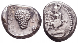 CILICIA, Soloi. Circa 440-410 BC. AR Stater. Amazon kneeling left, holding bow, quiver on left hip / Grape cluster on vine; NI to right of stalk, mono...