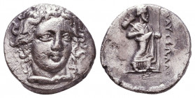 SATRAPS OF CARIA. Maussolos (Circa 377/6-353/2 BC). Drachm. Halikarnassos. Obv: Laureate head of Apollo facing slightly right. Rev: MAYΣΣΩΛΛO. Zeus st...