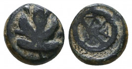 Rhodos, Kamiros Æ Chalkous. Circa 500-480 BC. Fig Leaf / Wheel, K A in opposite spokes. Reference: HNO 780; SNG Ashmolean 511; SNG Keckman 351; HGC 6,...