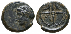 Sicily, Syracuse Æ 16mm. Time of the Second Democracy, circa 410-405 BC. Head of Arethusa to left, wearing double loop earring and necklace, hair boun...