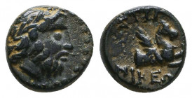 CARIA, Stratonikeia. Mid 2nd century BC. Æ. Laureate head of Zeus right / Forepart of Pegasos right. Meadows Group A, c; SNG Copenhagen 494. Reference...