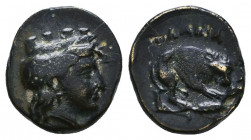 MYSIA, Plakia. Ae, 4th century BC Obv: Turreted head of Tyche right. Rev: ΠΛAKIA - Lion with prey right; below, grain ear right. Reference: Condition:...