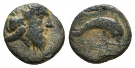 CARIA. Nysiros. Ae (Mid 4th-late 3rd century BC). Obv: Laureate head of Zeus Ammon right. Rev: NI. Dolphin right, trident below. BMC 3. Reference: Con...