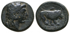 LYDIA. Sardes. Ae (Circa 200-133 BC).Obv: Head of Herakles right, wearing lion skin; c/m: Monogram within incuse circle. Rev: ΣAPΔIANΩN / Lion advanci...