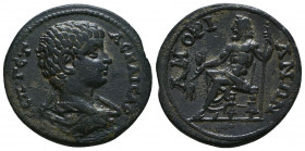 Phrygia, Amorium. Geta. As Caesar, A.D. 198-209. Æ. Bare-headed and draped bust of Geta right / Zeus seated left, holding thunderbolt and scepter. Lin...