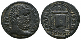 PHRYGIA. Synnada. Pseudo-autonomous. Time of Trajanus Decius (249-251). Ae. Obv: CVNNAΔЄΩN. Bare head of Hercules right. Rev: ΔΩΡΙЄΩΝ / ΙΩΝΩΝ. Distyle...