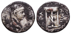 SELEUCIS and PIERIA, Antioch. Nero. AD 54-68. AR Drachm. Dated RY 3 and year 105 of the Caesarean Era (AD 56/7). Laureate head right / ΔPA-XMH, tripod...