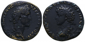 Antoninus Pius and Marcus Aurelius as Caesar (138-161). Æ Sestertius. Rome, AD 139. Laureate head of Antoninus Pius r. R/ Bare-headed and draped bust ...