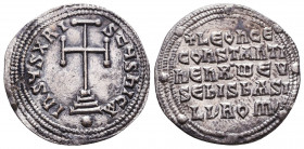 Leo VI 'the Wise', with Constantine VII, AR Miliaresion. Constantinople, AD 908-912. IҺSЧS XPISTЧS ҺICA, cross potent set on three steps; globe below ...
