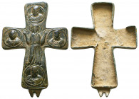 Byzantine Empire, c. 8th-11th century AD. Nice bronze reliquary cross. Christ with arms upraised Orans, busts of 4 saints or apostles around. Beautifu...