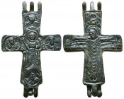 Byzantine Empire, c. 8th-11th century AD. Nice bronze reliquary cross Complete. Christ with arms upraised Orans, busts of 4 saints or apostles around....