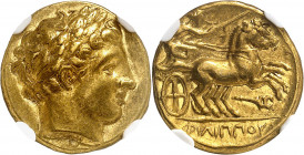Macédoine (royaume de), Philippe II (359-336 av. J.-C.). Statère d’or ND (340-328), Amphipolis.
NGC AU* 5/5 4/5 (4936316-005).
Av. Tête laurée d’Apo...