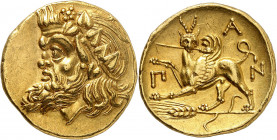 Chersonèse, Panticapée. Statère d’or ND (340-325 av. J.-C.), Panticapée.
Av. Tête de Pan à gauche, couronné de lierres. 
Rv. PAN. Griffon à gauche t...
