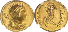 Royaume lagide, Ptolémée IV (222-204 av. J.-C.). Octodrachme d’or ou mnaieion ND (219-217 av. J.-C.), Alexandrie.
NGC AU 5/5 2/5 Fine style edge mark...