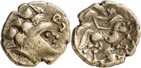 Namnètes. Quart de statère à l’hippophore ND (IIe - Ier siècle avant J.-C.).
Av. Tête à droite, la chevelure composée de grosses mèches, la base du c...