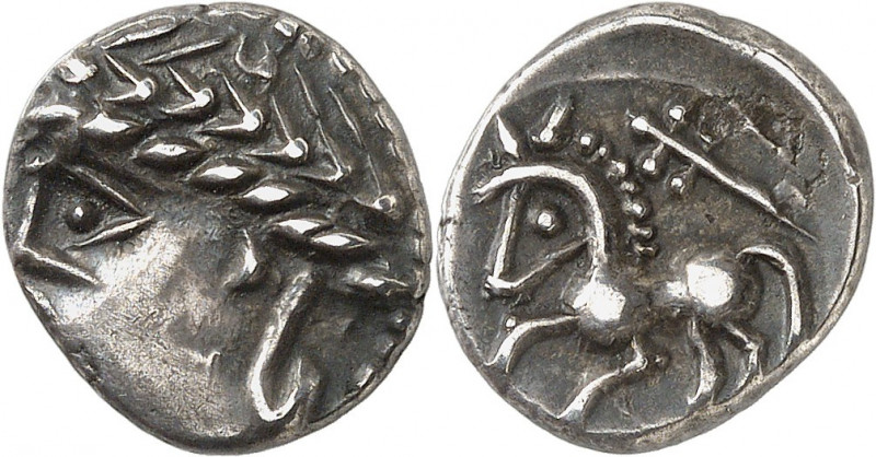 Allobroges. Drachme au profil stylisé, groupe B ND (100-75 av. J.-C.).
Av. Prof...