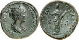Faustine la Jeune (161-175). Sesterce 145-146, Rome.
Av. FAVSTINAE AVG PII AVG FIL. Buste de trois-quarts face, drapé et coiffée d’un diadème à droit...