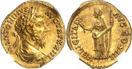 Marc Aurèle (161-180). Aureus 169, Rome.
NGC MS 5/5 3/5 ex-jewelry (6057912-003).
Av. M ANTONINVS AVG TR P XXIII. Buste lauré, drapé et cuirassé, à ...