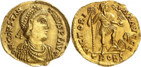 Constantin III (407-411). Solidus 408-411, Trèves.
Av. DN CONSTAN - TINVS PF AVG Buste diadémé, drapé et cuirassé, à droite. 
Rv. VICTORI - A AAVGGG...
