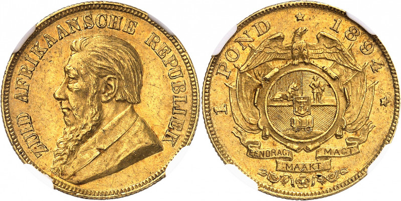 Afrique du sud (République d’). 1 pond, chariot à timon simple 1894.
NGC AU 58 ...