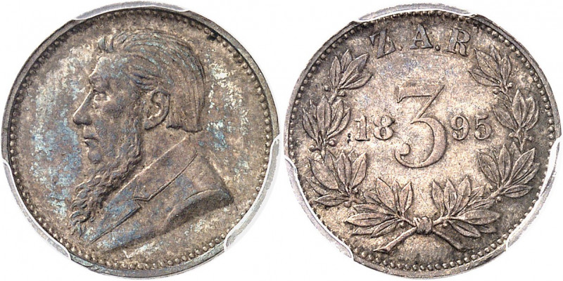 Afrique du sud (République d’). 3 pence 1895.
PCGS MS62 (41008893).
Av. Buste ...