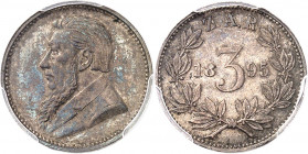 Afrique du sud (République d’). 3 pence 1895.
PCGS MS62 (41008893).
Av. Buste à gauche de Krüger. 
Rv. Z. A. R. Dans une couronne formée de deux br...
