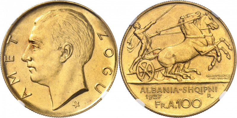 Ahmed Zogu, président (1925-1928). 100 franga (1 étoile) 1927, R, Rome.
NGC UNC...