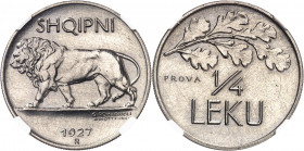 Ahmed Zogu, président (1925-1928). Essai de 1/4 de leku 1927, R, Rome.
NGC MS 66 (6143414-029).
Av. SHQIPNI (date) (atelier). Lion à gauche ; signat...