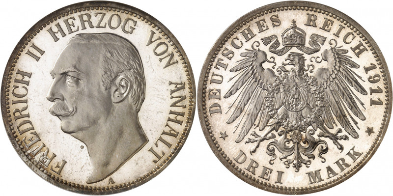 Anhalt-Dessau, Frédéric II (1904-1918). 3 (drei) mark, Flan bruni (PROOF) 1911, ...