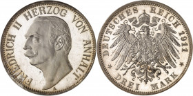 Anhalt-Dessau, Frédéric II (1904-1918). 3 (drei) mark, Flan bruni (PROOF) 1911, A, Berlin.
NGC PF 66 (681385-001).
Av. FRIEDRICH II HERZOG VON ANHAL...