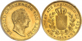 Bade, Léopold Ier (1830-1852). Ducat 1843.
PCGS MS63 (39807276).
Av. LEOPOLD GROSHERZOG VON BADEN. Tête nue à droite. 
Rv. EIN DUCAT AUS RHEINGOLD ...