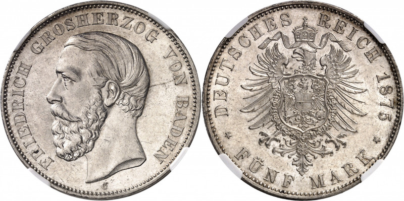 Bade, Frédéric I (1856-1907). 5 (fünf) mark, 1er type 1875, G, Karlsruhe.
NGC M...