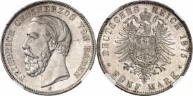Bade, Frédéric I (1856-1907). 5 (fünf) mark, 1er type 1875, G, Karlsruhe.
NGC MS 61 (5784009-060).
Av. FRIEDRICH GROSHERZOG VON BADEN. Tête nue à ga...