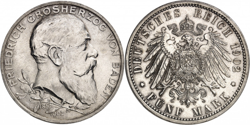 Bade, Frédéric I (1856-1907). 5 (fünf) mark pour le Jubilé d’or 1902, Karlsruhe....