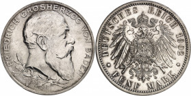Bade, Frédéric I (1856-1907). 5 (fünf) mark pour le Jubilé d’or 1902, Karlsruhe.
PCGS Genuine Cleaned-UNC Detail (44031006).
Av. FRIEDRICH GROSHERZO...