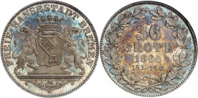 Brême (ville libre de). 36 grote 1864.
NGC MS 66 (172763-002).
Av. FREIE HANSESTADT BREMEN. Sur un entablement, deux lions tenant un écu couronné. ...