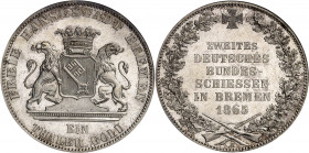 Brême (ville libre de). Thaler, 2e concours fédéral de tir de Brême 1865 B, Hanovre.
NGC MS 66 (157205-001).
Av. FREIE HANSESTADT BREMEN / EIN THALE...