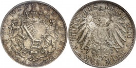 Brême (ville libre de). 2 (zwei) mark 1904, J, Hambourg.
NGC MS 67 (100434-013).
Av. FREIE HANSESTADT BREMEN. Deux lions tenant un écu couronné, au-...