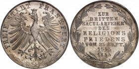 Francfort (ville libre de). 2 florins commémoratif, 300e anniversaire de la liberté religieuse 1855 CZ, Francfort-sur-le-Main.
PCGS MS67 (6415490).
...
